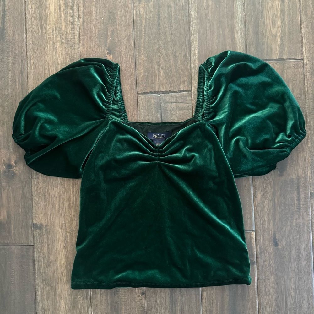 Rachel Roy Emerald Green Velvet Puff Sleeve Sweetheart Neck Holiday Party Top XS